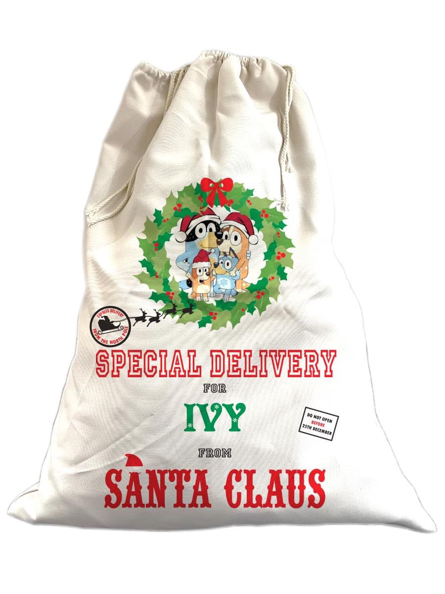 large drawstring sacks 60cm x 73cm. Personalised with your favourite team badge, your own football club badge, your Favourite character, or just the Christmas wreath. With or without personalisation, these are great quality sacks, big enough for Santa’s gifts this year.