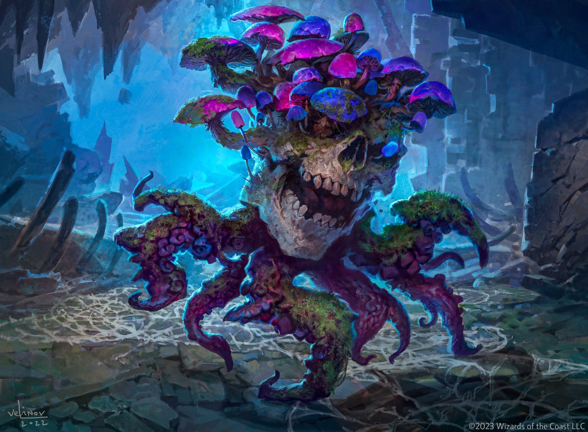 Nightmare comes and resurrects toxic mushrooms with a head. Head alive and standalone walking on a soggy floor. Deathcap Marionette MTG: LOST CAVERNS OF IXALAN WORLD AD: Ovidio Cartagena ™ & ©2023 Wizards of the Coast LLC. #mtg #mtgart #CMDR #mtgixalan