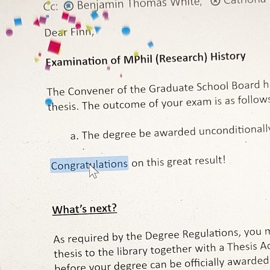 Really enjoy that my official award email contains the congratulations emoji confetti 🥳🎊 Delighted to have passed my MPhil! Very grateful for the generous & helpful report from my examiners, and of course all of the support from my supervisors at @UofGlasgow