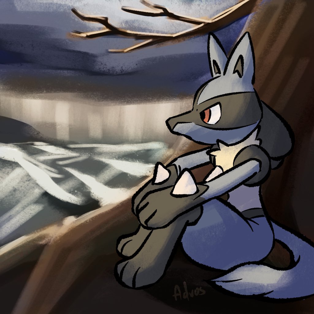 lucario pokemon (creature) solo sitting spikes furry red eyes signature  illustration images