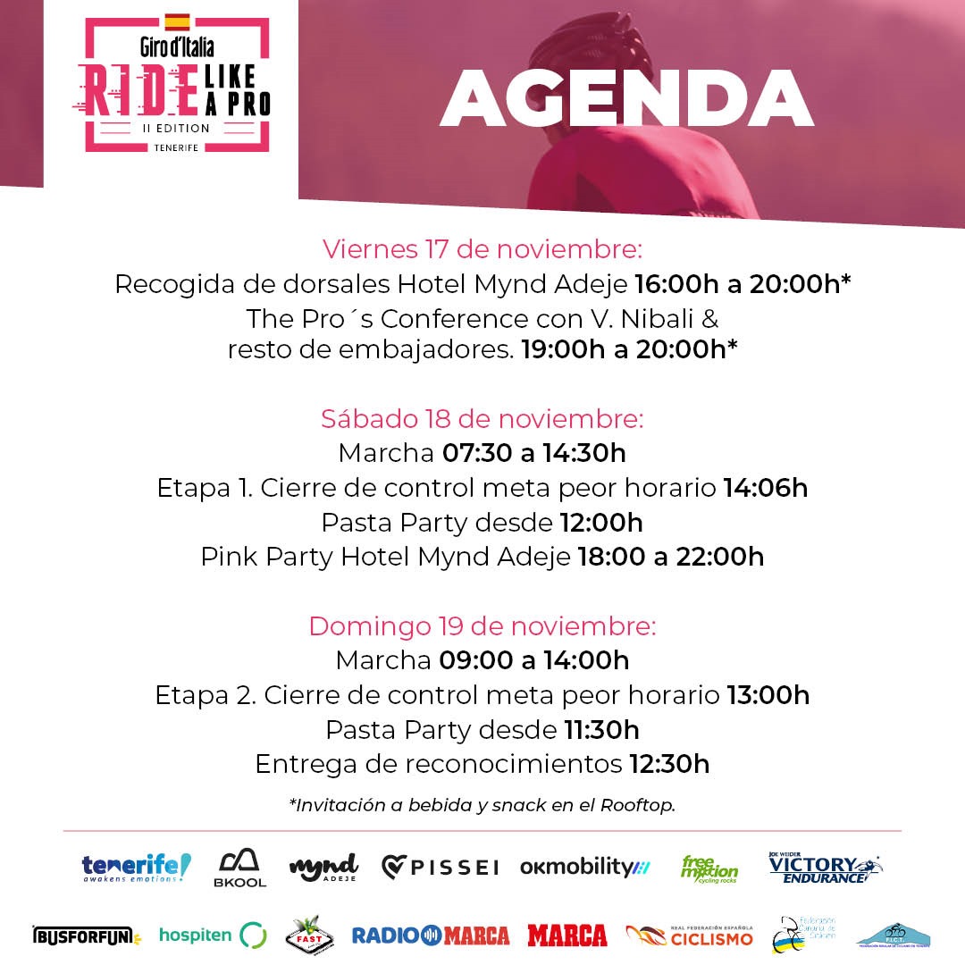 🇪🇸Aquí va la 📝𝗔𝗚𝗘𝗡𝗗𝗔 detallada del fin de semana que os espera...
¡A disfrutar de buen ciclismo y buena compañía!

🔗giroridelikeaprospain.com
#RideLikeaProSpain #GiroTenerife #granfondo #cicloturismo #Tenerife #España
