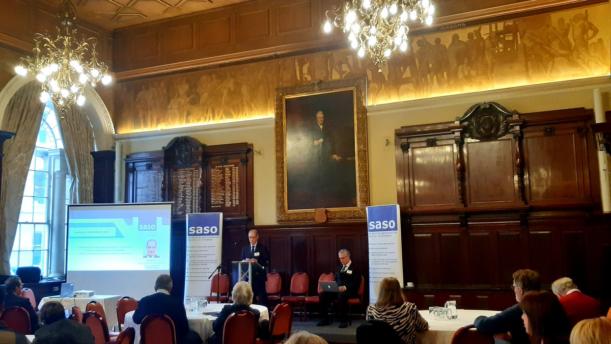 The #SASO2023 Conference is underway in Glasgow, with Neil Rennick (@ScotGovJustice @scotgov) offering a Scottish Government overview of youth justice, sentencing and punishment trends, and policy and practice responses. He emphasises diversionary and community-based responses.