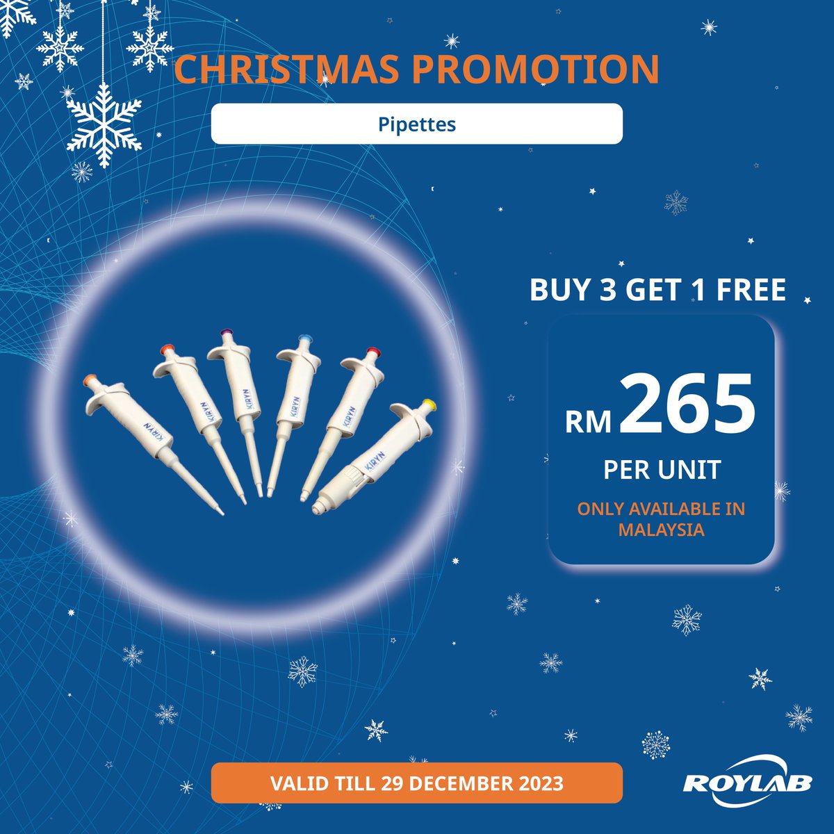RoylabG's tweet photo. This the season to be jolly, and we're spreading the cheer with incredible Christmas deals!🎉
Get a wide selection of our lab products from pipettes to centrifuges🎁

Valid till 29 Dec 2023. Only available in Malaysia! 🇲🇾
#roylabglobalmy #labconsumables #christmasdeals #promotion https://t.co/yUfOeDEGGe