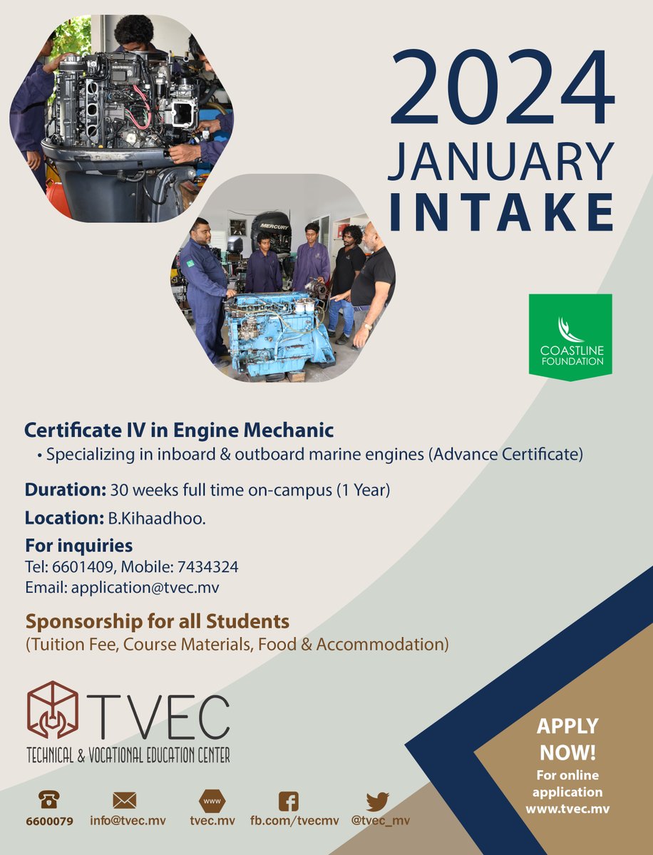 Explore holistic training opportunities with our upcoming programs for the January 2024 intake! Please apply online at tvec.mv or reach out for assistance by giving us a call. For Level 3 and Level 4 programs, enjoy 100% sponsorship by the <a href="/CoastlineFndn/">Coastline Foundation</a> 
#TVET
