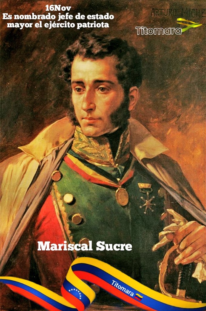 𝔸ℕ𝕋𝕆ℕ𝕀𝕆 𝕁𝕆𝕊𝔼 𝔻𝔼 𝕊𝕌ℂℝ𝔼
🇻🇪|| 16Nov El Mariscal fue nombrado, jefe de estado mayor de nuestro ejército patriota. 🇻🇪

Prócer de la independencia
Diplomático y estratega militar.