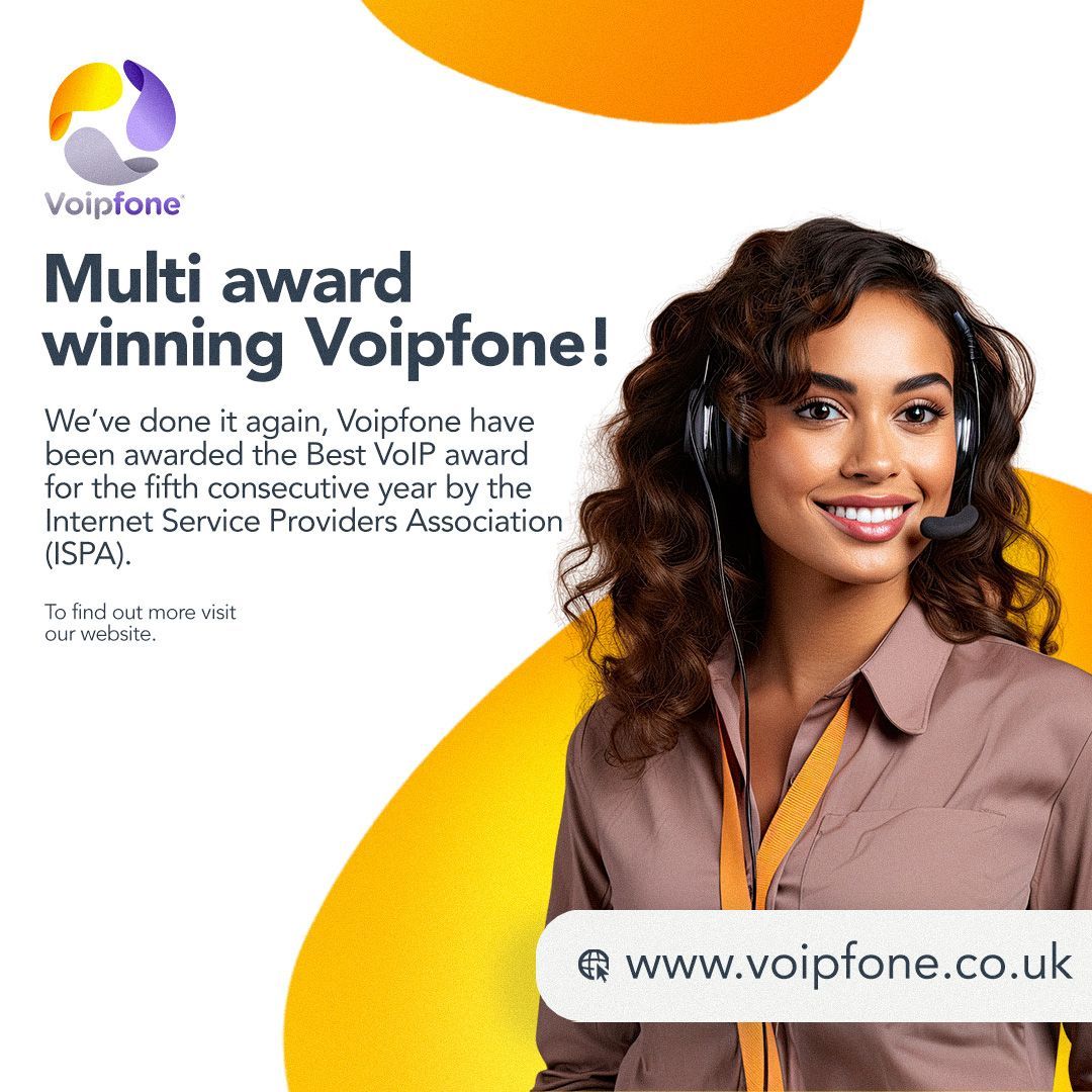 Voipfone's tweet photo. Multi award-winning Voipfone! ๐ Voipfone has clinched the Best VoIP award for the fifth consecutive year, as recognized by the Internet Service Providers Association (ISPA). Thank you for your ongoing support and trust in our services! ๐๐ #ISPA2023 #BestVoIP #Innovation https://t.co/cP6m6VTskV
