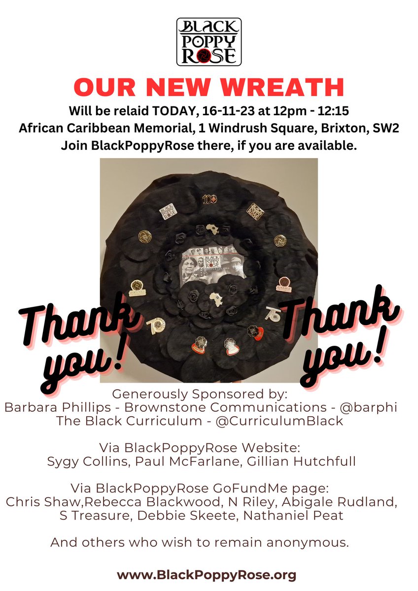 Join us at 12-12:15pm TODAY to lay our new wreath at the African Caribbean Memorial @bcaheritage @WindrushSquare @BrixtonBlog Our stolen Wreath was generously replaced by @barphi1 @CurriculumBlack @nathanielpeat and several others. We will not accept the disrespect!