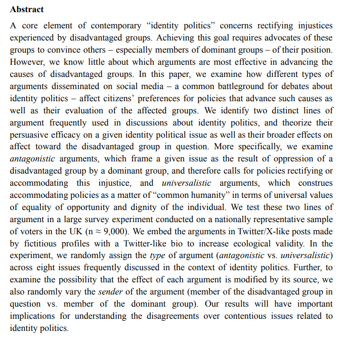 Delighted to be hosting Peter Thisted Dinensen (UCL) @ThistedPeter in today's LSE Political Behaviour seminar (4:30pm): “What Advances the Causes of Disadvantaged Groups in Identity Politics? Experimental Evidence on Antagonistic and Universalistic Arguments”