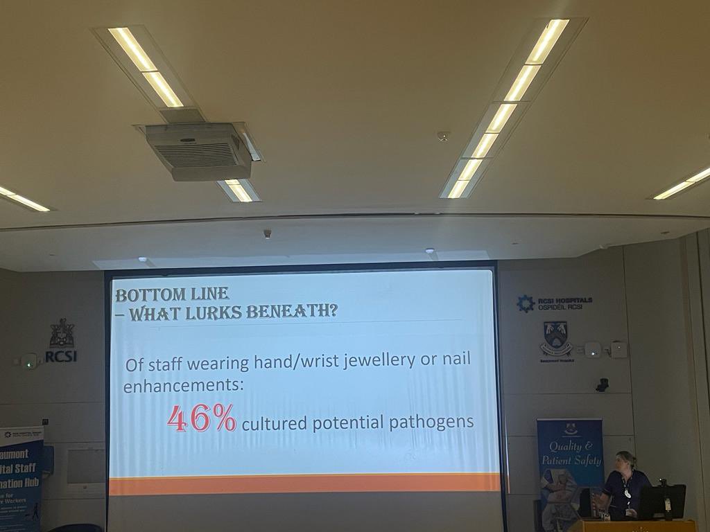 So here is why IPC encourage ‘bare below elbow’! Great evidence led by Niall Murnaghan, <a href="/RCSI_Irl/">RCSI</a> med student and our CNM3 Helen Carpenter, presenting here at #beaumont23 Quality &amp; Safety conference <a href="/RCSI_Micro/">RCSI Clinical Microbiology</a>