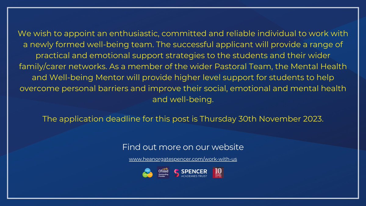 HeanorGateSA's tweet photo. We wish to appoint an enthusiastic, committed and reliable individual to work with a newly formed well-being team.

The application deadline for this post is Thursday 30th November 2023.

To apply and see the full job description, please visit https://t.co/DKupC9iVqx

#TeamHeanor https://t.co/tXClhAPX7v