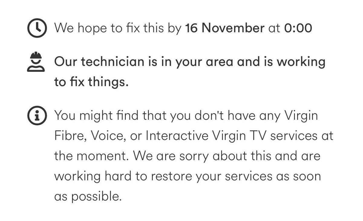 Geoffstrums's tweet photo. @virginmedia when can expect broadband service back in CB8? Now been down 14 hours and your service page still says fix by midnight last night? https://t.co/p36sGWhvpk