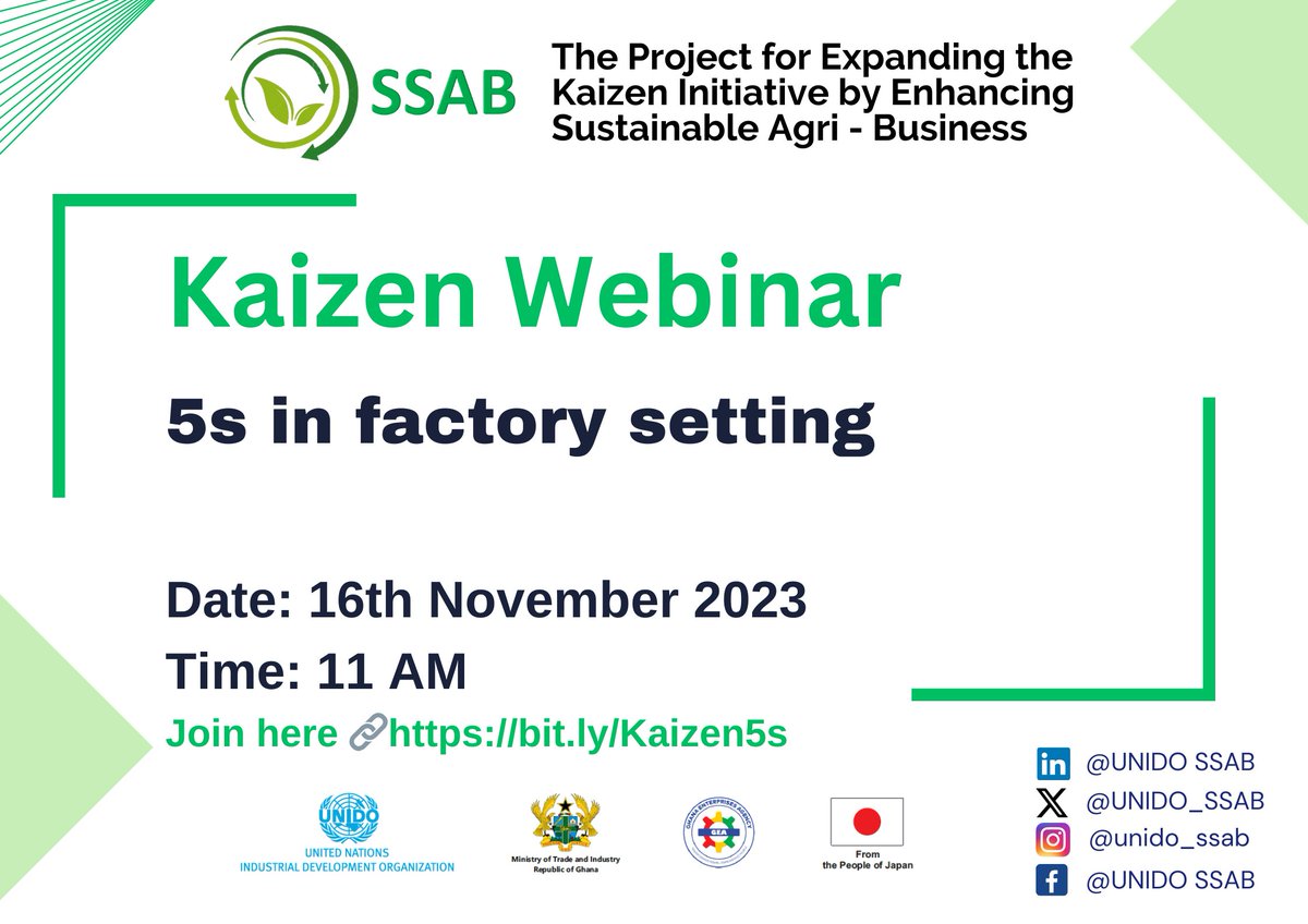 #ReminderPost
Do not miss the chance to revolutionize your business. Join us this morning to unlock the potential for unparalleled growth in your business and office operations as we show you how to practice 5s, a #Kaizen methodology.
👉Join   bit.ly/Kaizen5s
<a href="/UNinGhana/">UNinGhana</a>