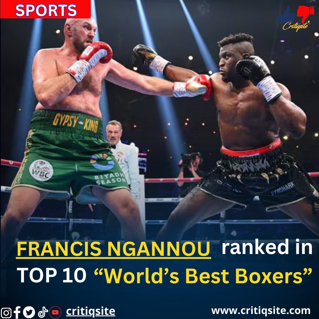 Critiqsite's tweet photo. 🇨🇲🔝 Cameroonian heavyweight fighter Francis N'Gannou has solidified his place among the world's elite boxers. Making headlines as one of the biggest upsets in sports history, his triumph over Tyson Fury has catapulted him to No. 10 on the World Boxing Council's rankings. 🥊💥 https://t.co/soCDjdcHFB