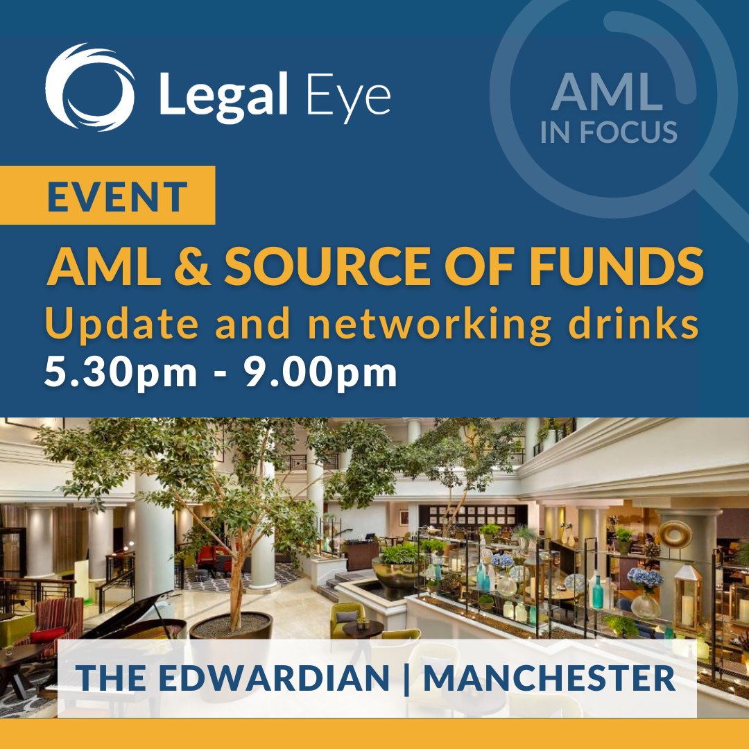 LegalEyeLtd's tweet photo. AML training never stops. 

We will be talking all things AML next week – why don’t you join us?

All the information you need: 
 
Date: 23rd November at 5.30pm Manchester 
 
To reserve your place email bestpractice@legal-eye.co.uk 

#AML #AMLtraining #AMLguidance https://t.co/pCIeAPlvkm