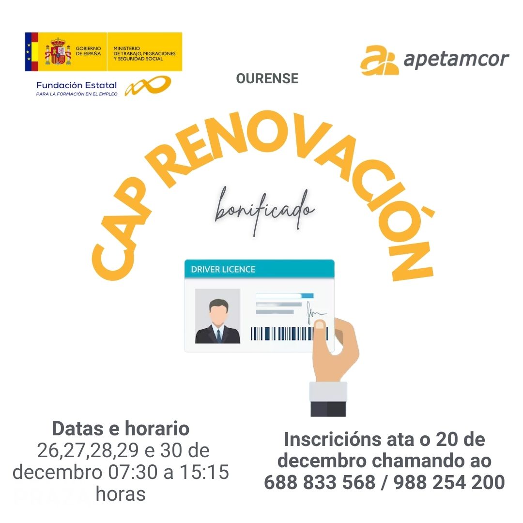 📲 Matricúlate ou solicita máis información nos números de teléfono 688 83 35 68 ou 988 254 200.

#apetamcor #transporteprofesional #transportemercancías #transporte