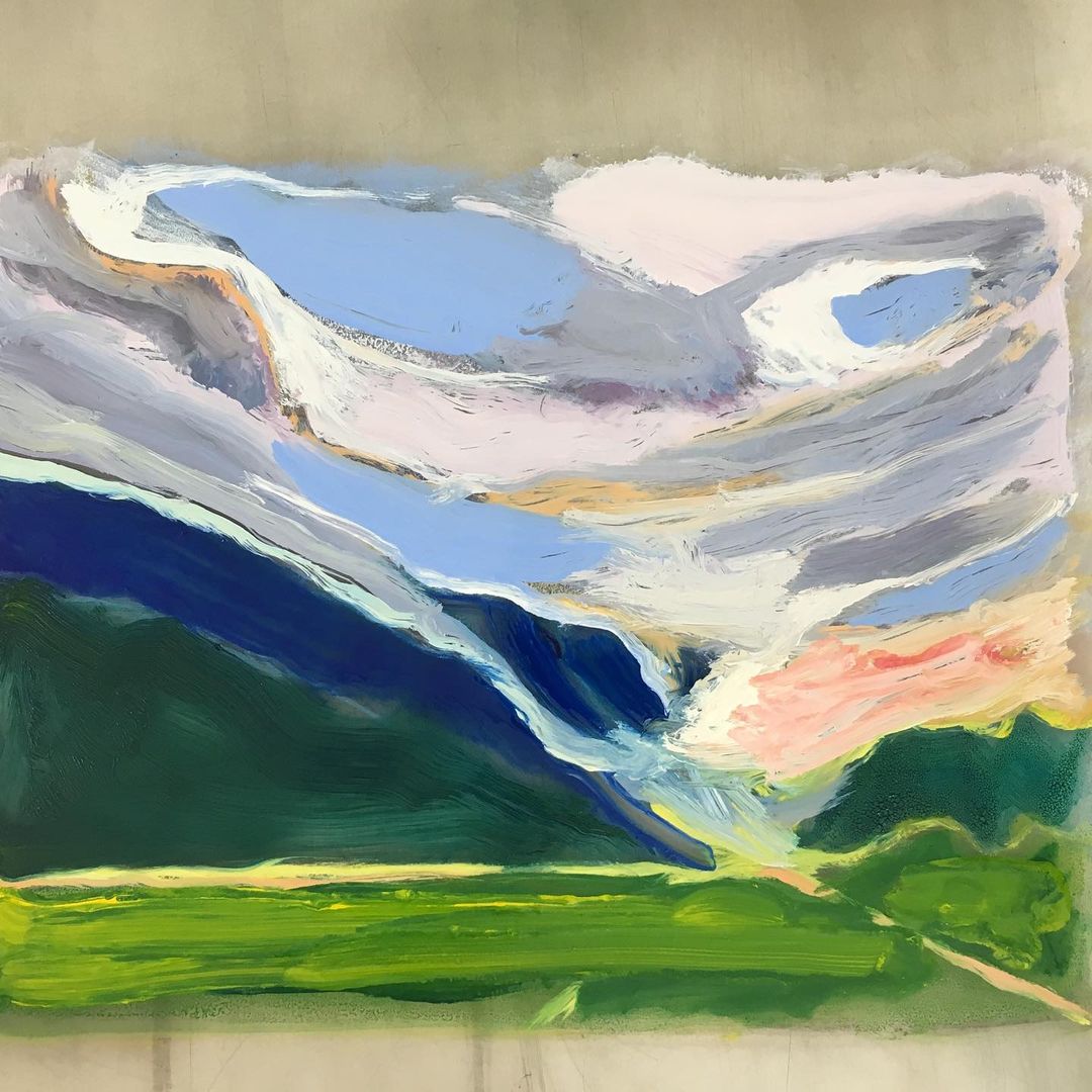 JulesKunhardt's tweet photo. In the face of God's grand canvas at Rüfi Alp, do we realize our own insignificance? Painted in 2016, this piece is my homage to the overwhelming force of creation that dwarfs us. #InAweOfTheDivine #ArtMeetsNature #SwissSerenade #NatureInTurmoil