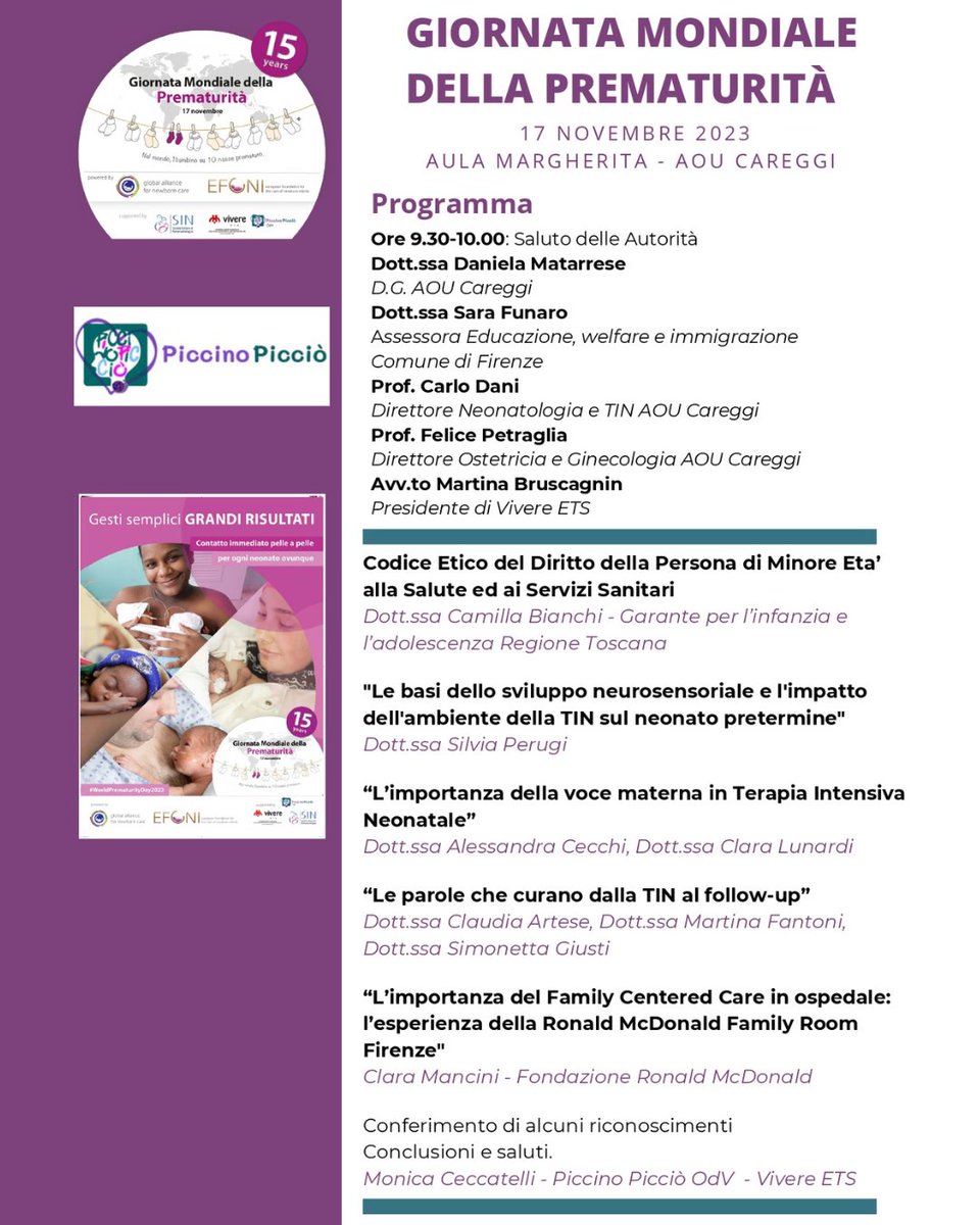 🔴👶 Il 17 novembre 2023, l'Azienda Ospedaliero-Universitaria Careggi di Firenze, in collaborazione con l'Associazione dei genitori Piccino Picciò, celebra la Giornata Mondiale della Prematurità.