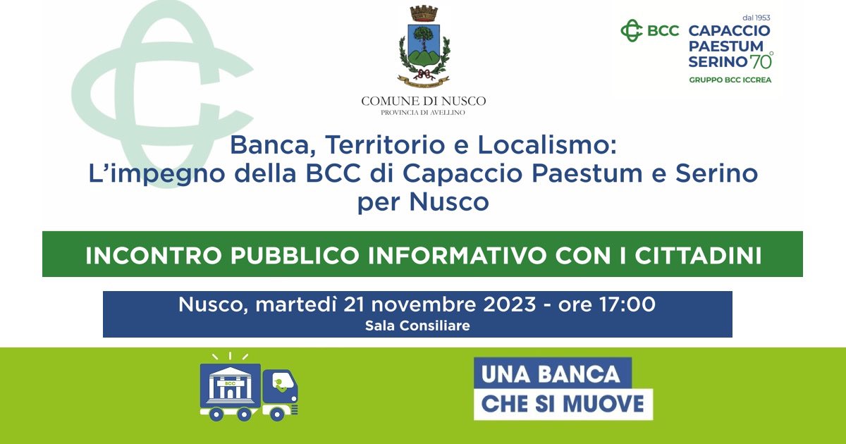 ⏰ Blocca l’Agenda!

Martedì 21 novembre alle ore 17:00 a Nusco la BCC incontra clienti e soci: parleremo dell'impegno della banca per il territorio.

#bcccapacciopaestumserino #bancadelterritorio #bancapaese 

Scopri di più ⬇️⬇️⬇️

bcccapacciopaestum.it/news/dettaglio…