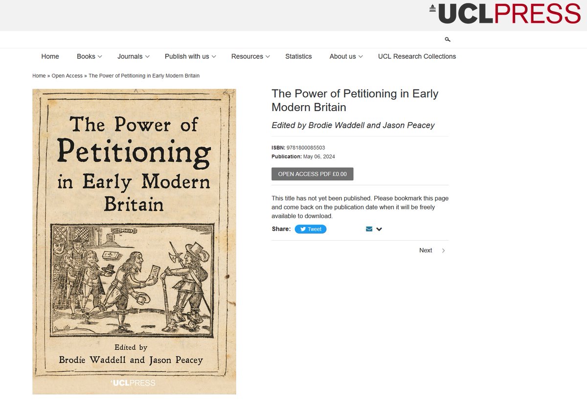 Coming soon(ish): the first major publication from our #PowerOfPetitioning project! #OpenAccess with @UCLpress!!

Contributors are me, Jason Peacey, @treorchyexile, @HannahWorthen  @KarinBowie, @ImogenPeck2, @EllyRobson9, @sharon_howard & @annlaurahughes:
uclpress.co.uk/collections/op…