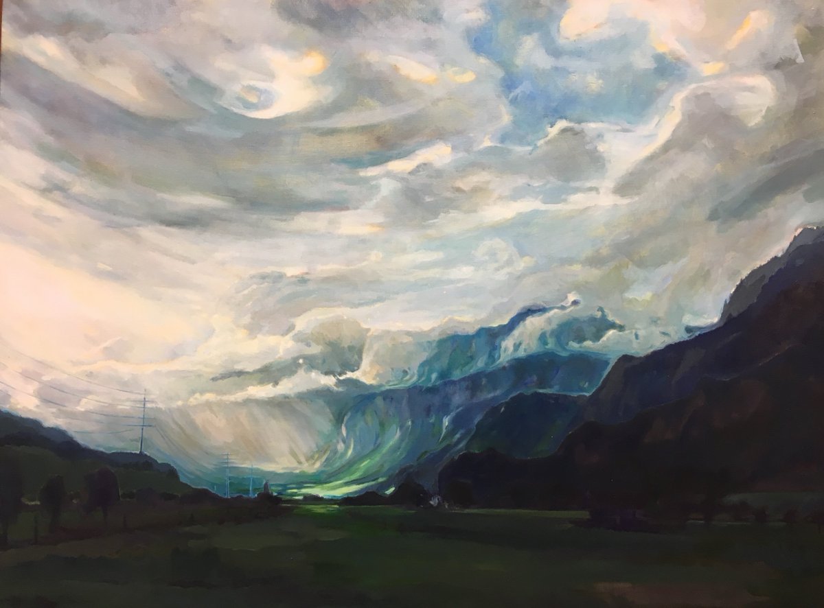 JulesKunhardt's tweet photo. In the face of God's grand canvas at Rüfi Alp, do we realize our own insignificance? Painted in 2016, this piece is my homage to the overwhelming force of creation that dwarfs us. #InAweOfTheDivine #ArtMeetsNature #SwissSerenade #NatureInTurmoil
