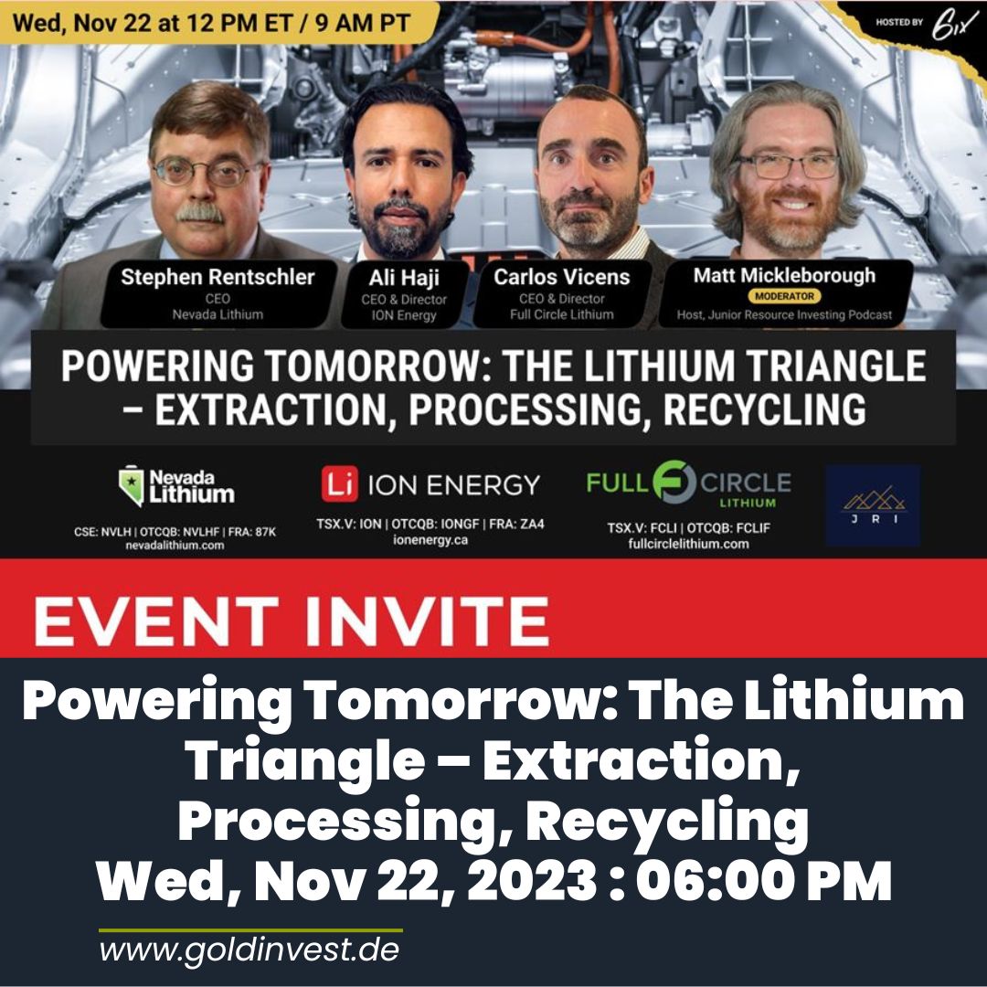 GOLDINVEST_de's tweet photo. Powering Tomorrow: The Lithium Triangle – Extraction, Processing, Recycling
Dive into the dynamic world of lithium, the cornerstone of renewable energy.
Register for Event here ▶️▶️ https://t.co/GM0VJfVsjT
#IONEnergy $ION #Lithium https://t.co/CmNS5G0iGI