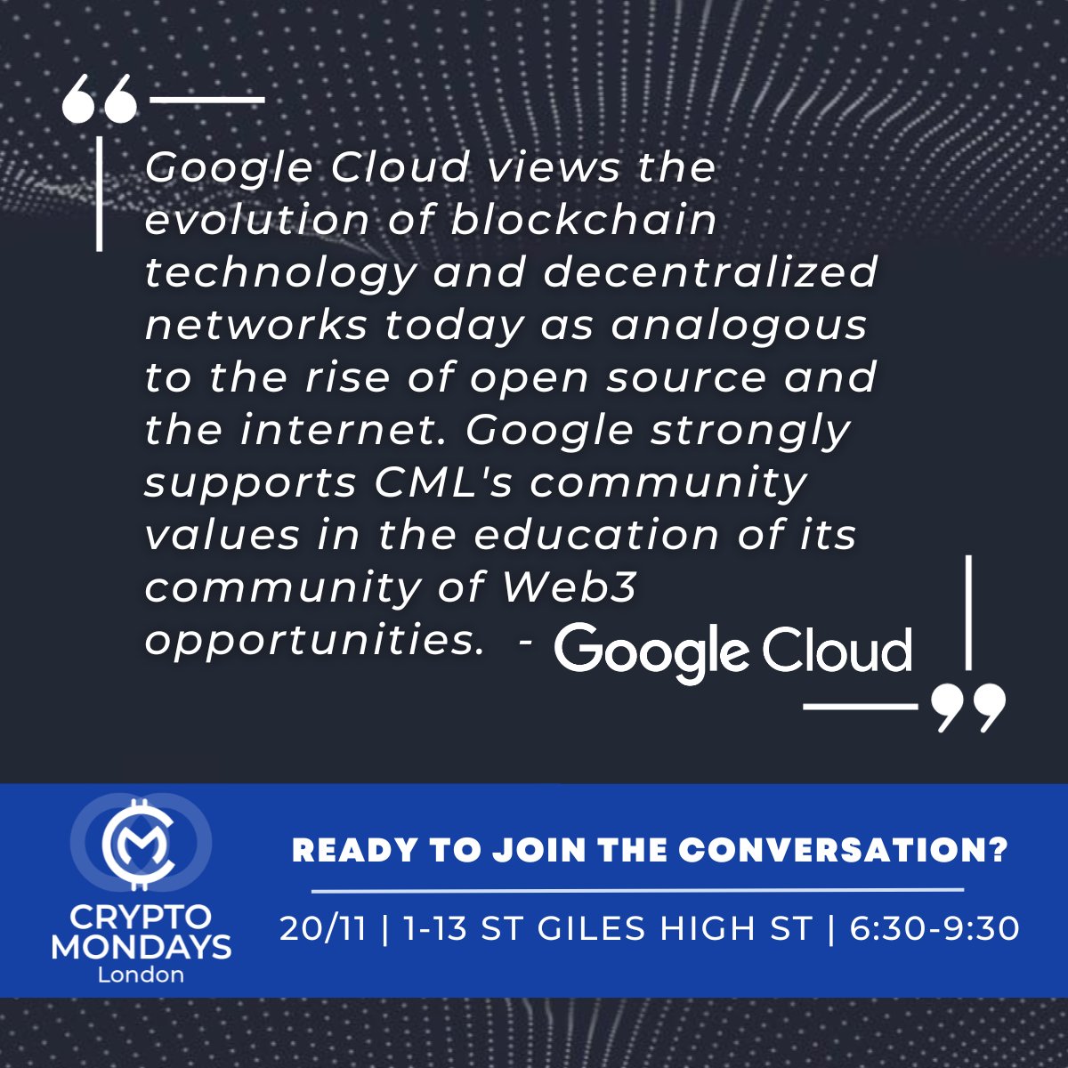 CryptoMondaysUK's tweet photo. We are so excited to be hosted by @Google at their beautiful offices at 1-13 St Giles High St this upcoming Monday. Tickets are running out fast! Registration closes on the 18th!
🎟 : https://t.co/gYMKQMwTxa
#web3 #crypto #blockchain #community #googlecloud https://t.co/rI90y2yRuH