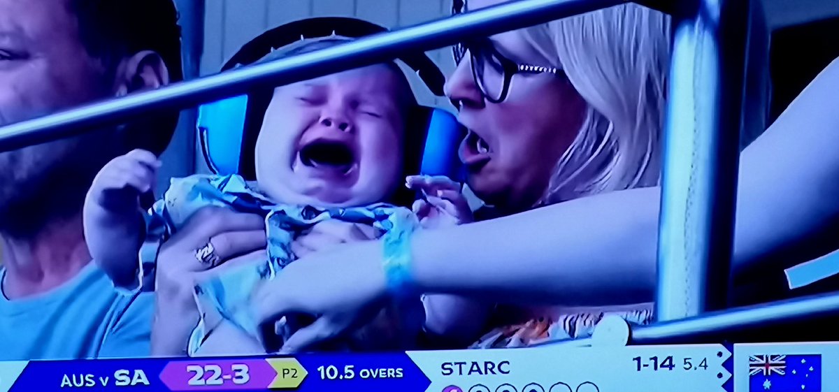 This baby is all of South Africa right now. He can't take it anymore, he knows what's coming. The patent semi-final choke. #SAvsAUS #ProteaFire #CricketWorldCup2023