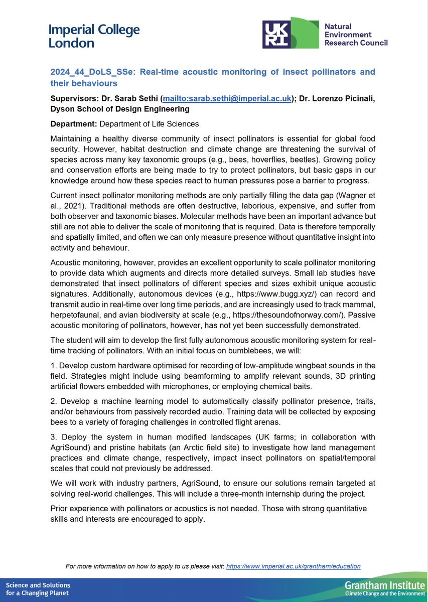 I'm looking for a PhD student (Sept 24) to investigate real time insect pollinator monitoring with acoustics! 🐝🎙️💐 Sensor design, ML, lab and field experiments, and more For program details and how to apply see imperial.ac.uk/grantham/educa… or email me any qus. Please share!