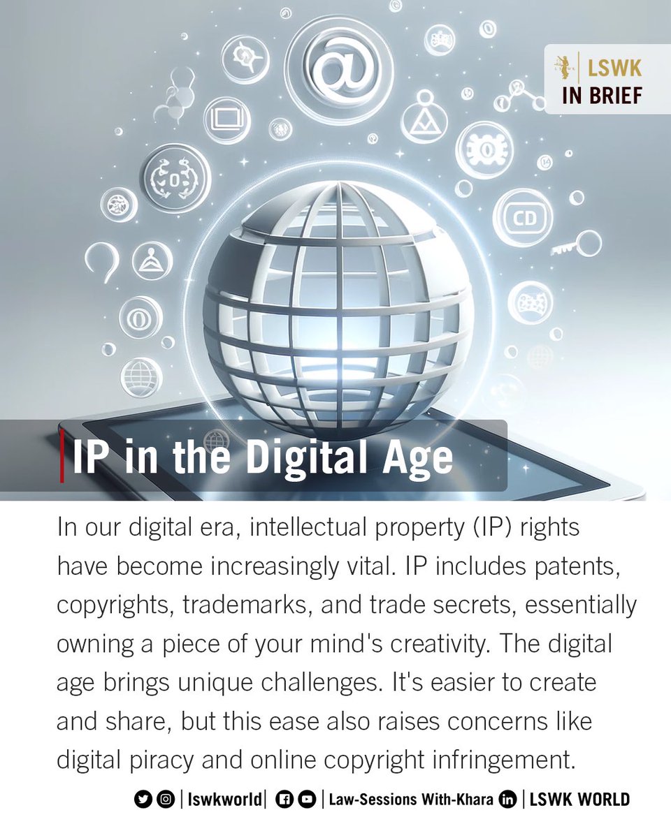 lswkworld's tweet photo. #LSWKInBrief: Understanding Intellectual Property Rights in the Digital Age

In our digital era, intellectual property (IP) rights have become increasingly vital. IP includes patents, copyrights, trademarks, and trade secrets, essentially owning a piece of your mind's creativity. https://t.co/IjedAdaWgn