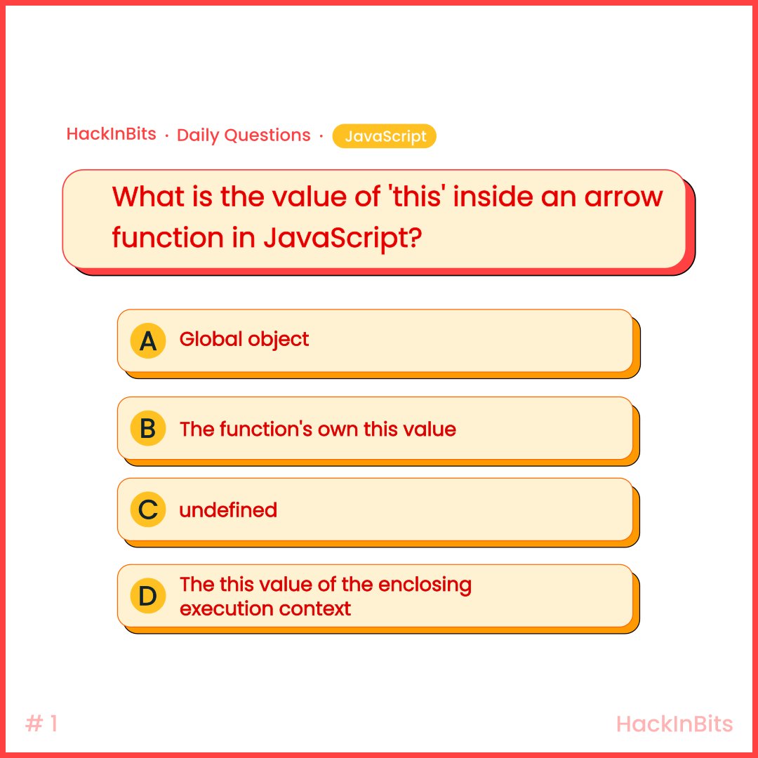 hackinbits's tweet image. JavaScript Skills Challenge 🚀 - Daily Question #1
What is the value of "this" inside an arrow function in JavaScript?
#javascript #quiz #dailyquiz #hackinbits