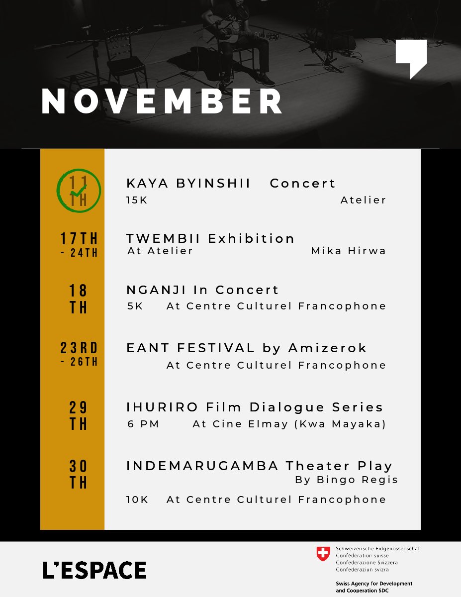 🗓️ #november so far! 

Spot the changes? Stay in tune!

To reserve a spot for one of the events, please do so thru our DM or lespacekgl@gmail.com 

Karibu :)

#augmentedreality #exhibition #afrojazz #hardrock #dancefestival #contemporarydance #filmscreening #theater #RwOT