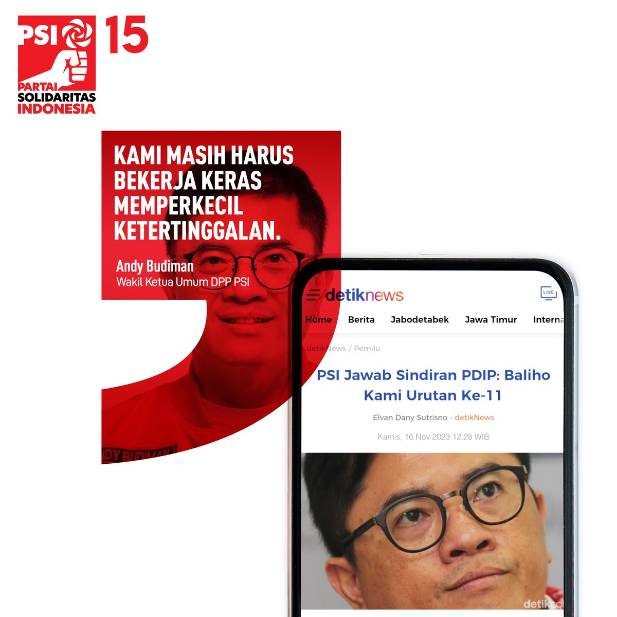 "Hasil survei Indikator Indonesia yang dirilis beberapa hari lalu, PSI di urutan 11 dalam hal jumlah alat peraga yang dilihat masyarakat. PDIP paling banyak, urutan pertama," kata Wakil Ketua Umum DPP PSI Andy Budiman pada Kamis, 16 November 2023.

Baca selengkapnya di: