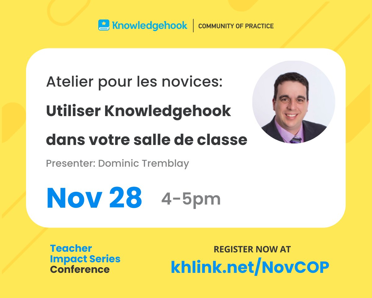 Knowledgehook (@knowledgehook) on Twitter photo Start your journey with Knowledgehook! Join Dominic Tremblay on Nov 28 for "Atelier pour les novices" - a workshop in French. Followed by "Atelier avancé" Sign up for free: khlink.net/NovCOP
<a href="/d_tremblay/">Dominic P. Tremblay</a> #Knowledgehook #OntEd #K12 #teachertwitter #Education #edtech #school Start your journey with Knowledgehook! Join Dominic Tremblay on Nov 28 for "Atelier pour les novices" - a workshop in French. Followed by "Atelier avancé" Sign up for free: khlink.net/NovCOP
<a href="/d_tremblay/">Dominic P. Tremblay</a> #Knowledgehook #OntEd #K12 #teachertwitter #Education #edtech #school