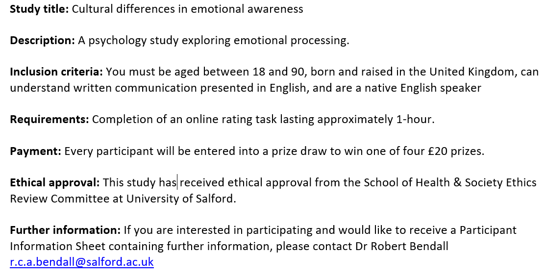 Dr Robert Bendall (@robert_bendall) on Twitter photo 📢As part of an international research collaboration I am seeking volunteers to take part in an online study on cultural differences in emotional awareness 🧠
Retweets welcome🙏 <a href="/SalfordPsych/">SalfordPsych</a> @tomhostler <a href="/EngageSalford/">ENGAGE @SalfordUni</a> @SalfordImpact @coen_sharon <a href="/UoS_HealthSoc/">UoS Health & Society</a> <a href="/ProfPennyCook/">Penny Cook</a> 📢As part of an international research collaboration I am seeking volunteers to take part in an online study on cultural differences in emotional awareness 🧠
Retweets welcome🙏 <a href="/SalfordPsych/">SalfordPsych</a> @tomhostler <a href="/EngageSalford/">ENGAGE @SalfordUni</a> @SalfordImpact @coen_sharon <a href="/UoS_HealthSoc/">UoS Health & Society</a> <a href="/ProfPennyCook/">Penny Cook</a>