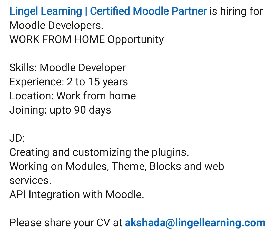 jobsin32's tweet image. Follow us for more updates

#moodledeveloper #moodledevelopment #moodledev #moodledevelopement #moodledevelopers #moodledevelopmentcompany