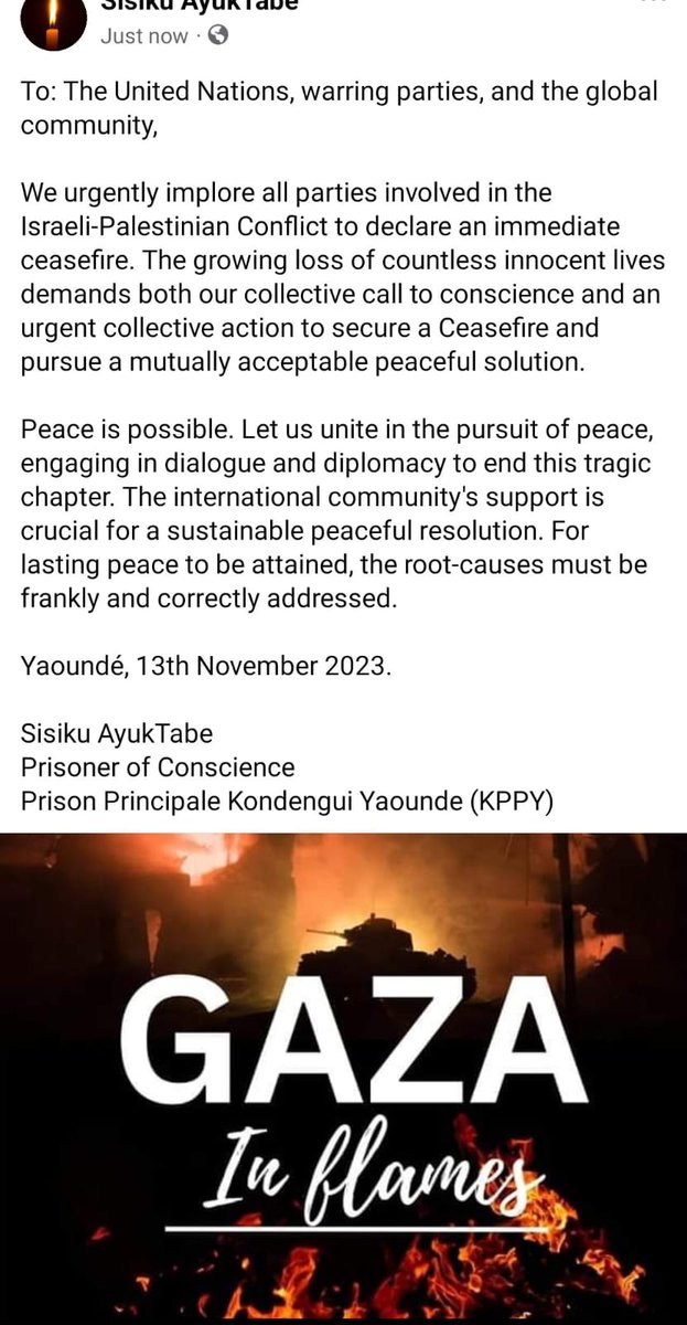 sisiku_ayuktabe's tweet photo. To: @UN, warring parties, global community,
Urgently implore ceasefire in Israeli-Palestinian Conflict. Countless innocent lives lost. Unite for peace. Address root-causes. #Ceasefire #PeaceNow"
Sisiku AyukTabe, Prisoner of Conscience, Yaoundé, 13th Nov 2023. https://t.co/rDxQMeLiir