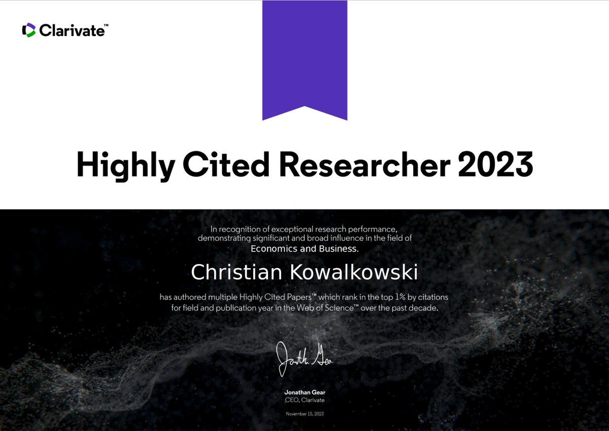 Christian Kowalkowski (@c_kowalkowski) on Twitter photo Honored and pleased to once again be named a Clarivate Highly Cited Researcher, being one of 86 researchers globally and the only Swedish scholar in Economics & Business. 🎓
<a href="/webofscience/">Web of Science</a> #HighlyCited2023 @CBMI_LiU <a href="/liu_universitet/">Linköpings universitet</a> <a href="/Hanken_fi/">Hanken School of Economics</a> Honored and pleased to once again be named a Clarivate Highly Cited Researcher, being one of 86 researchers globally and the only Swedish scholar in Economics & Business. 🎓
<a href="/webofscience/">Web of Science</a> #HighlyCited2023 @CBMI_LiU <a href="/liu_universitet/">Linköpings universitet</a> <a href="/Hanken_fi/">Hanken School of Economics</a>