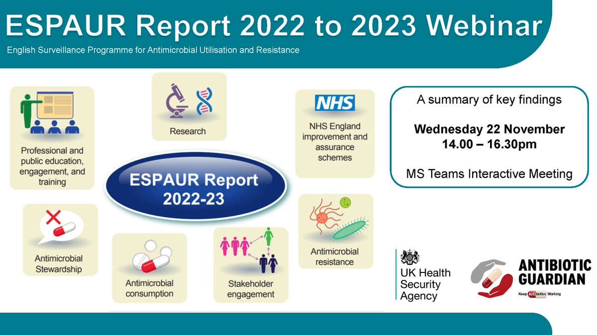 Launch of ESPAUR report 2022-23 at #UKHSA23 conference!
💊Key findings from latest surveillance data &amp; <a href="/UKHSA/">UK Health Security Agency</a> #AMR #AMS activities including TARGET #Antibiotics toolkit &amp; @ebug_uk updates: bit.ly/3G12sRb
🦠Register for webinar: bit.ly/3FYKajG
#AntibioticGuardian
