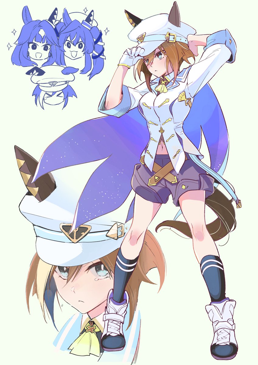 cheval grand (umamusume) ,twin turbo (umamusume) horse ears animal ears shorts hat multiple girls ears through headwear horse girl  illustration images