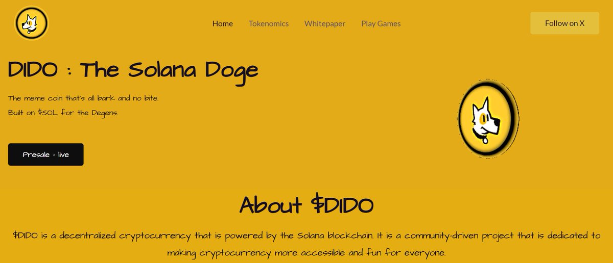 NetworkTur36271's tweet image. 🐕 DIDO WEBSITE IS LIVE 🐕

Fock it !! $DIDO have a website to look up on , Every dido can read Whitepaper , Roadmap , Tokenomics and other info on our website. 

🔸Website Link : didosolana.xyz

Launching soon on Solana 🚀

Drop your $SOL address, LIKE &amp;amp; RT 👶