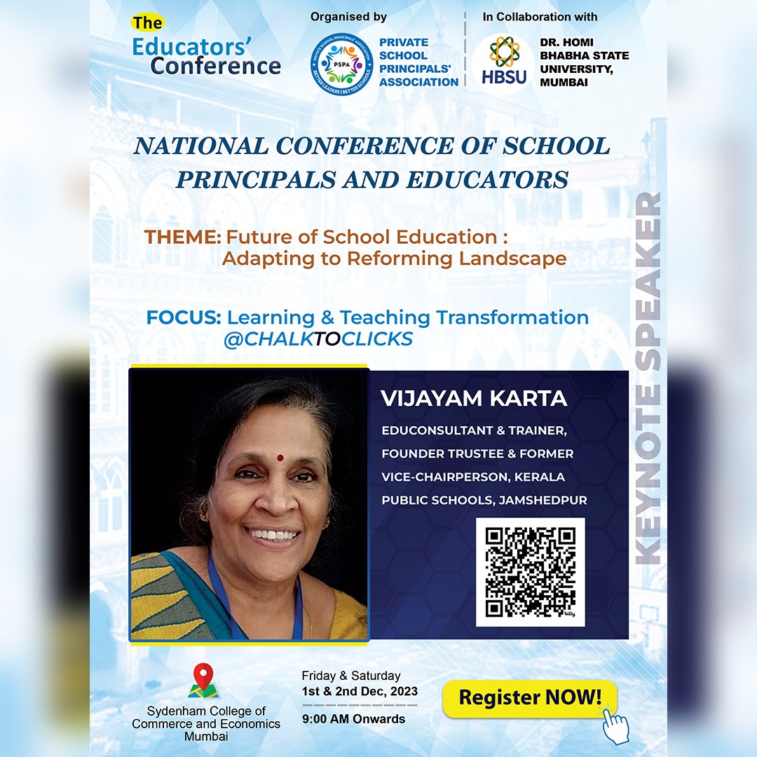 THEPSPA's tweet photo. Delighted to announce the participation of VIJAYAM KARTA, an esteemed Educonsultant as our distinguished Keynote Speaker. Join us at the National Conference of School Principals &amp; Educators, Mumbai. #EducationLeadership 
Mumbai Conference Registration: https://t.co/rhtmz4PYgI https://t.co/qQgN35KUY9