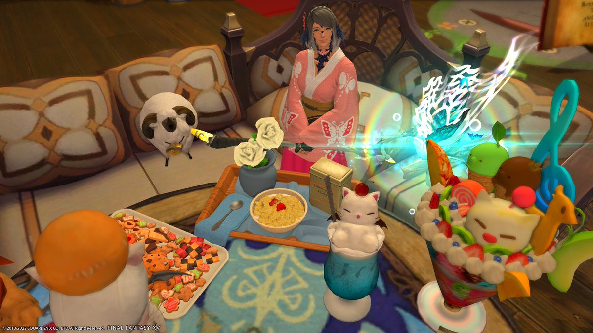OuenDanFS's tweet photo. I like the newer food crafting items! I love the cookies, the Moogle drink is adorable, and the Manderville Breakfast porridge is very fancy!

#GPOSER  #FFXIVSnaps #FFXIVScreenshots #GPOSE https://t.co/pmIvC6lunP