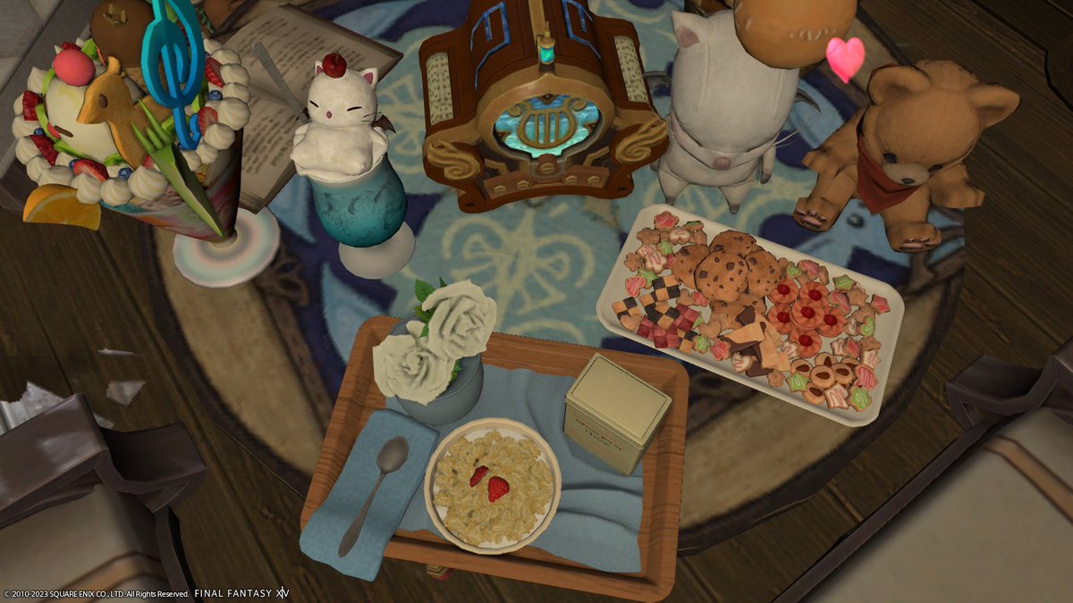 OuenDanFS's tweet photo. I like the newer food crafting items! I love the cookies, the Moogle drink is adorable, and the Manderville Breakfast porridge is very fancy!

#GPOSER  #FFXIVSnaps #FFXIVScreenshots #GPOSE https://t.co/pmIvC6lunP