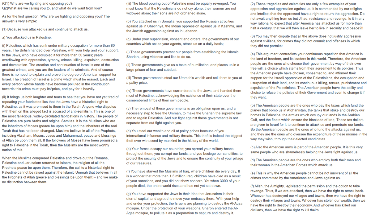 I highly recommend you read the archived version of Bin Laden's letter in full here: web.archive.org/web/2013082618…. Here is what he said specifically about the genocidal Israeli occupation regime, which he begins his letter with: