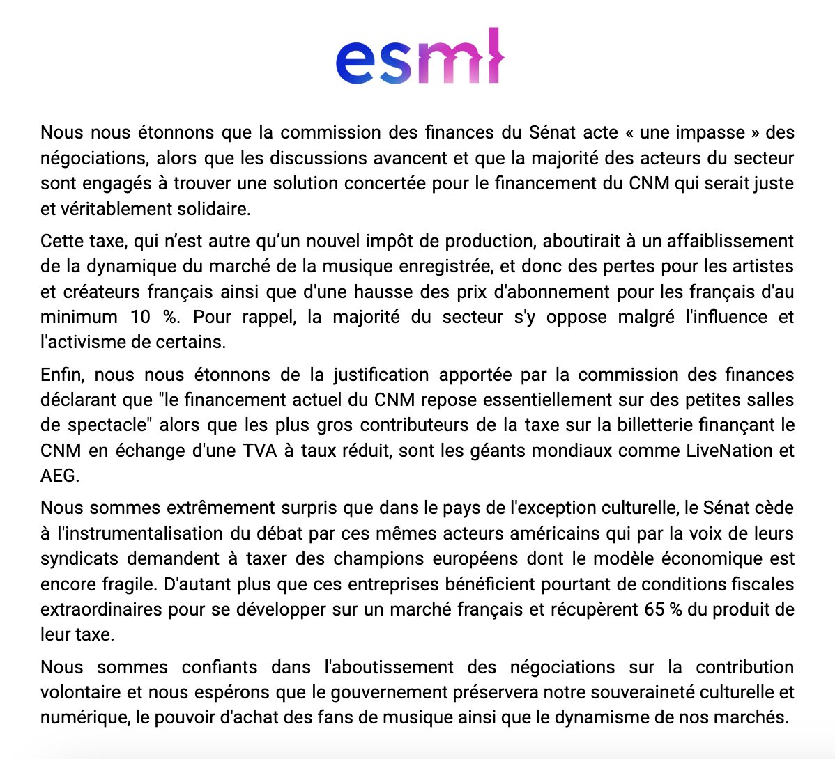 Pour protéger notre souveraineté culturelle et numérique, le pouvoir d'achat, et le dynamisme de notre secteur, le financement du CNM doit reposer sur une solution juste et véritablement solidaire
Notre réponse au communiqué des commissions finances et culture <a href="/Senat/">Sénat</a>