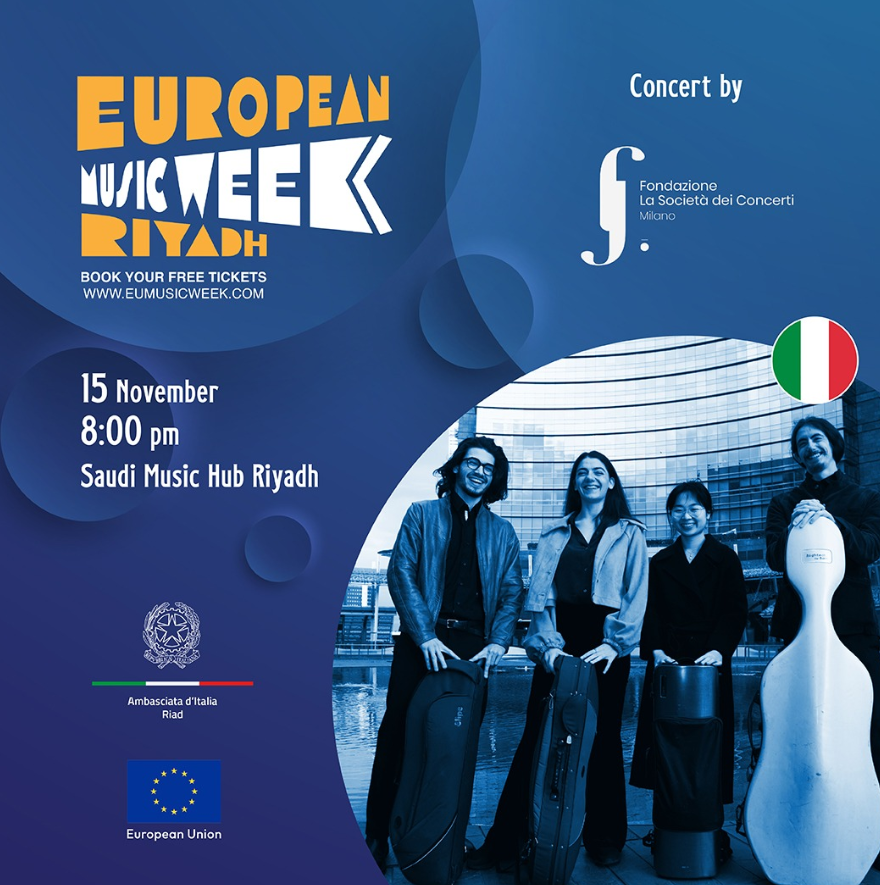 ItalyinKSA's tweet photo. Fondazione @Soconcerti's Goldberg Quartet wowed a crowd of music-lovers yesterday at the #SaudiMusicHub in #Riyadh as part of the #EuropeanMusicWeek. 🎼   

A riveting performance by an ensemble of highly talented and passionate young artists!  🎶

🇮🇹🇪🇺🇸🇦 https://t.co/j2TrdiMgMJ