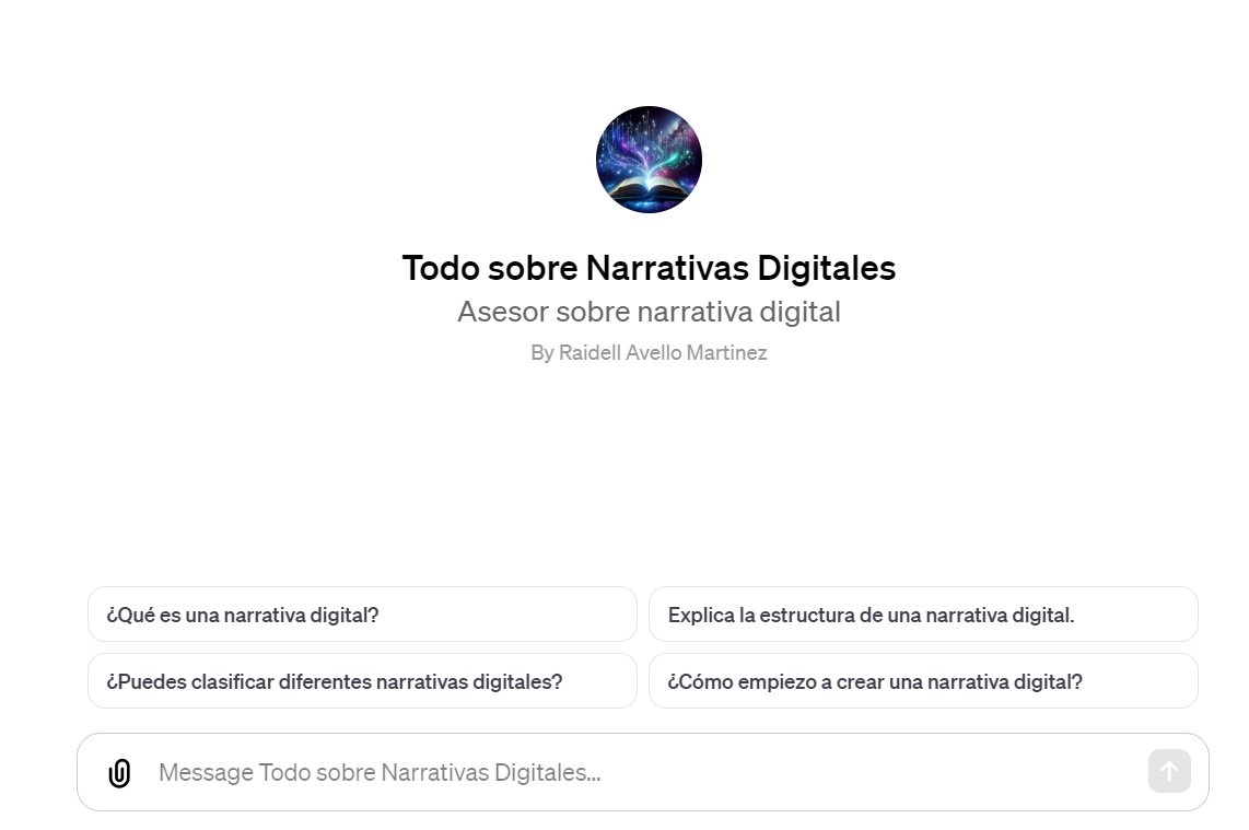 ravellom's tweet photo. Nuevo ChatGPT personalizado: "Todo sobre narrativas digitales"
Lo he diseñado especialmente para los estudiantes de la materia Narrativas Digitales de la Maestría en Entornos Digitales de la @UbeEcuador
Pruébalo y comparte tu opinión
https://t.co/9CXvAQlXcU
@VGomez_2019 @tatyeo https://t.co/vYrEdEyCW7
