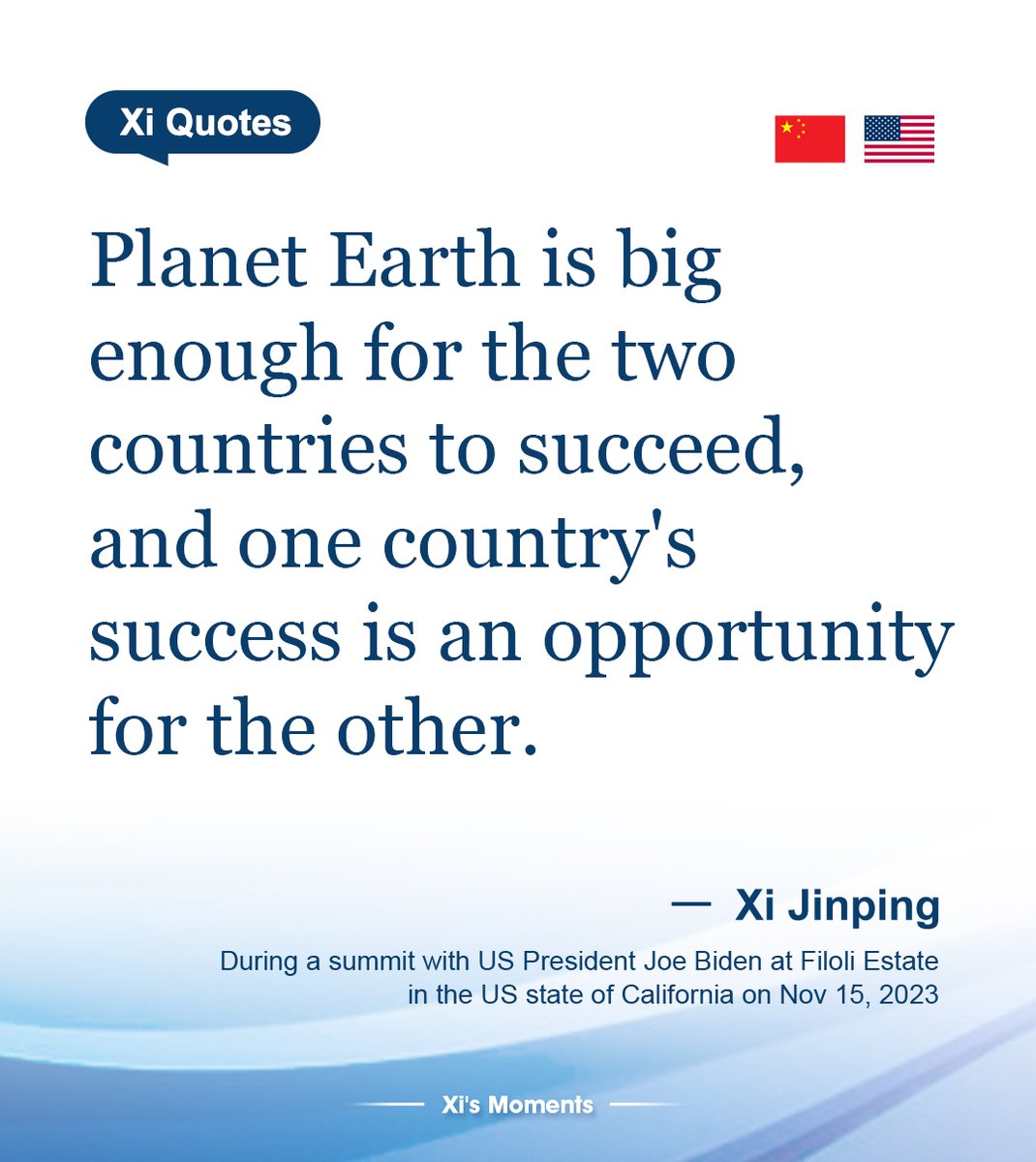 XisMoments's tweet photo. President Xi Jinping and US President Joe Biden on Wednesday had a candid and in-depth exchange of views on strategic and overarching issues critical to the direction of China-US relations and on major issues affecting world peace and development. Here are some highlights. (8/8) https://t.co/hN8xXuClLx