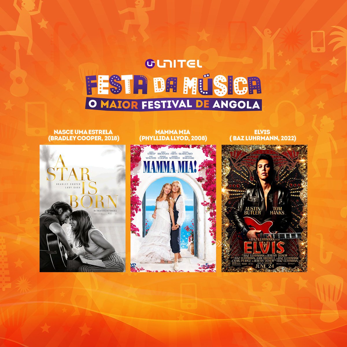 Música e filmes são a combinação mais perfeita e sem sair da onda sugerimos-te 3 filmes musicais icónicos na sua época:

🟠 Nasce Uma Estrela (Bradley Cooper, 2018)
🟠 Mamma Mia (Phyllida Llyod, 2008)
🟠 Elvis ( Baz Luhrmann, 2022)

#Unitel #FestadaMusica #Senteaonda #Segueaonda