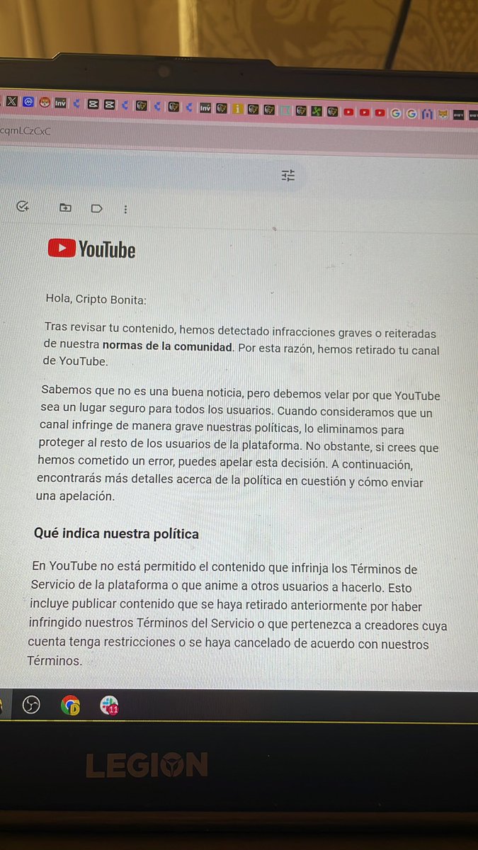 Este es el amargo mensaje con el que me he levantado esta mañana. He pedido una apelación para que me devuelvan mi canal.
